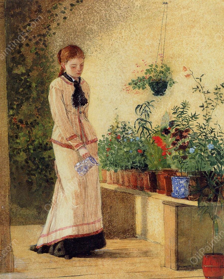 Girl Watering Plants by Winslow Homer - Hand-Painted Oil Painting Reproduction