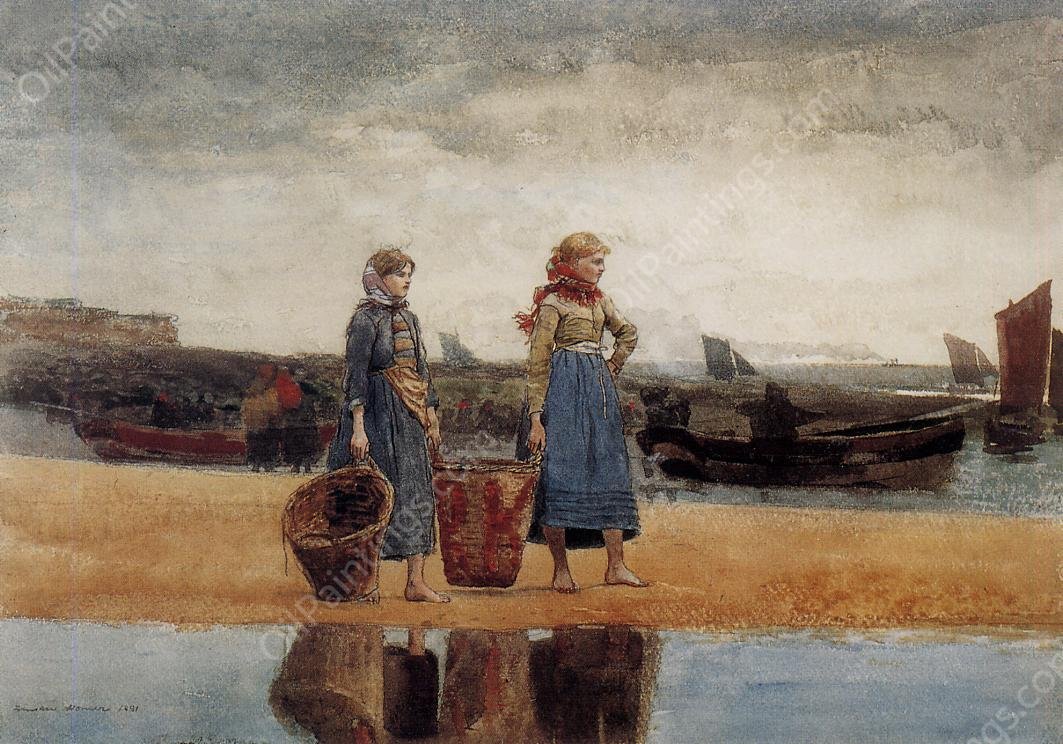 Two Girls at the Beach, Tynemouth by Winslow Homer - Hand-Painted Oil Painting Reproduction