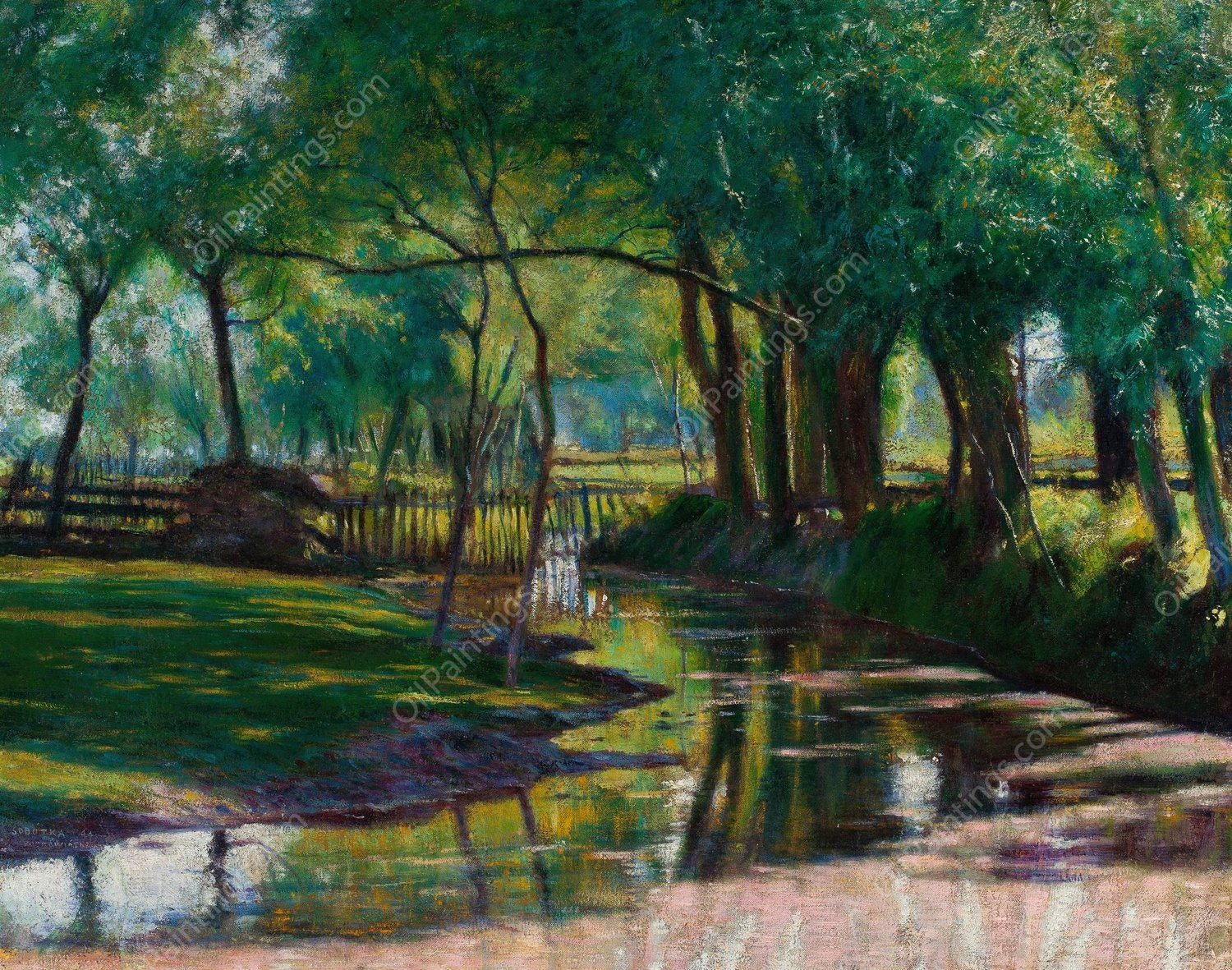 Green landscape with a Stream  by Wladyslaw Podkowinski - Hand-Painted Oil Painting Reproduction