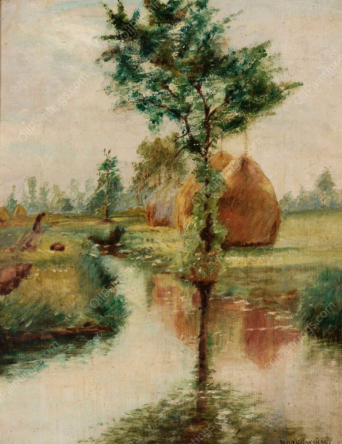 Haystacks at a Stream by Wladyslaw Podkowinski - Hand-Painted Oil Painting Reproduction