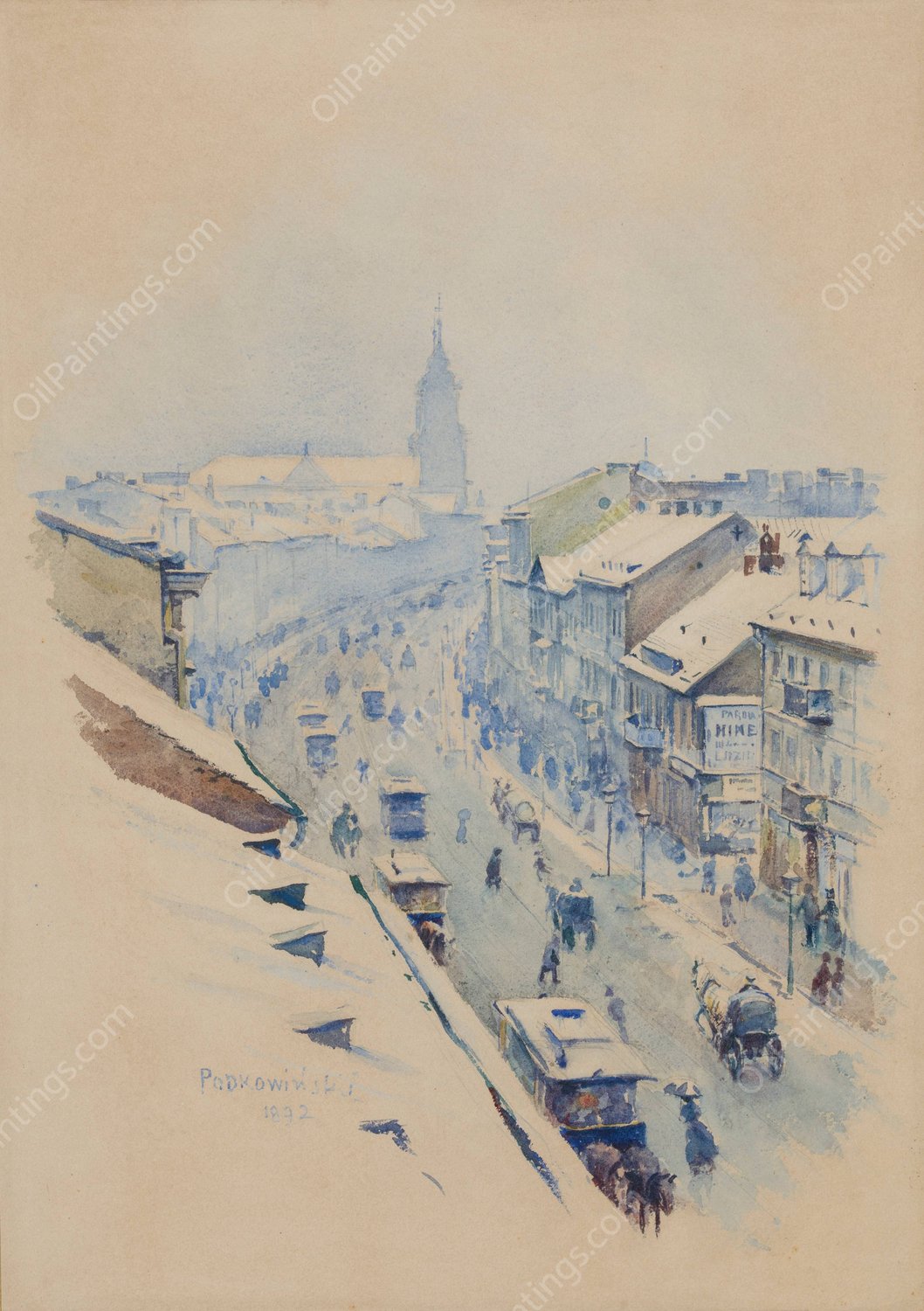 Widok na Nowy Swiat w Warszawie zima  by Wladyslaw Podkowinski - Hand-Painted Oil Painting Reproduction