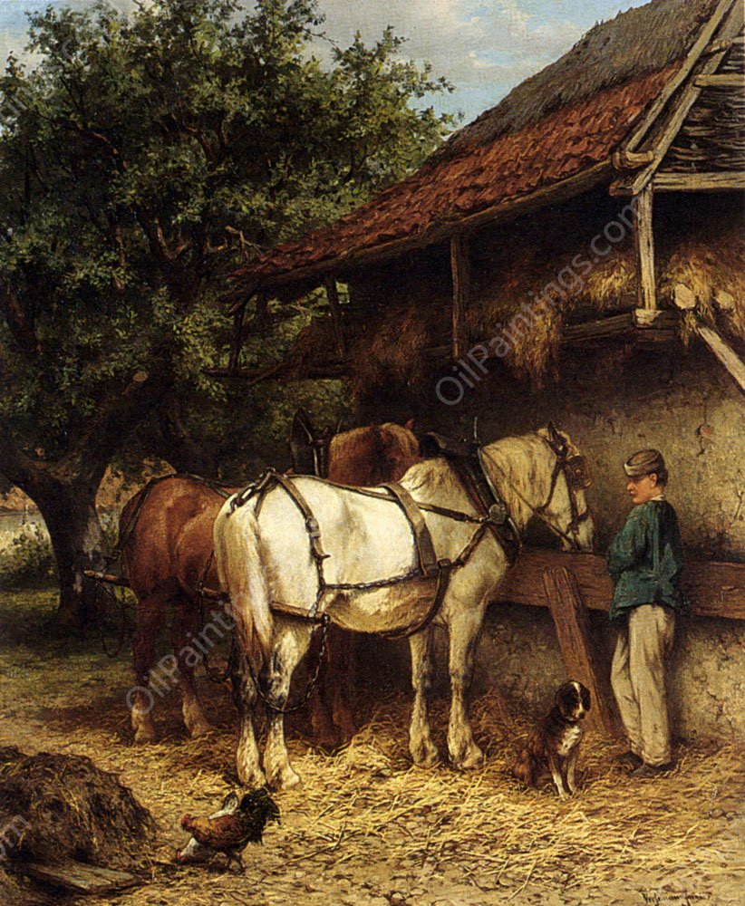 Two Horses by a Stable by Wouterus Verschuur Jr. - Hand-Painted Oil Painting Reproduction