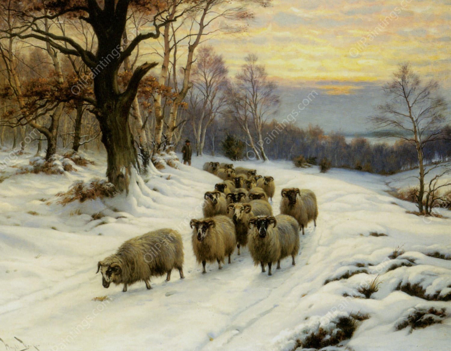 A Shepherd and His Flock on a Path in Winter by Wright Barker - Hand-Painted Oil Painting Reproduction