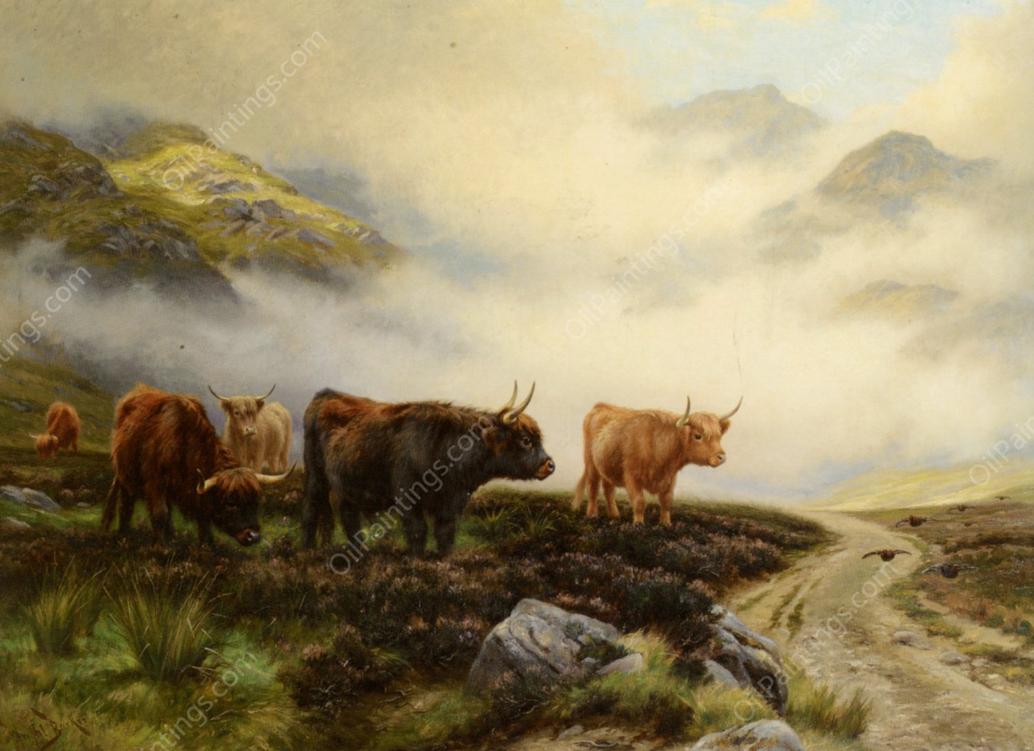 Highland Cattle in a Pass by Wright Barker - Hand-Painted Oil Painting Reproduction
