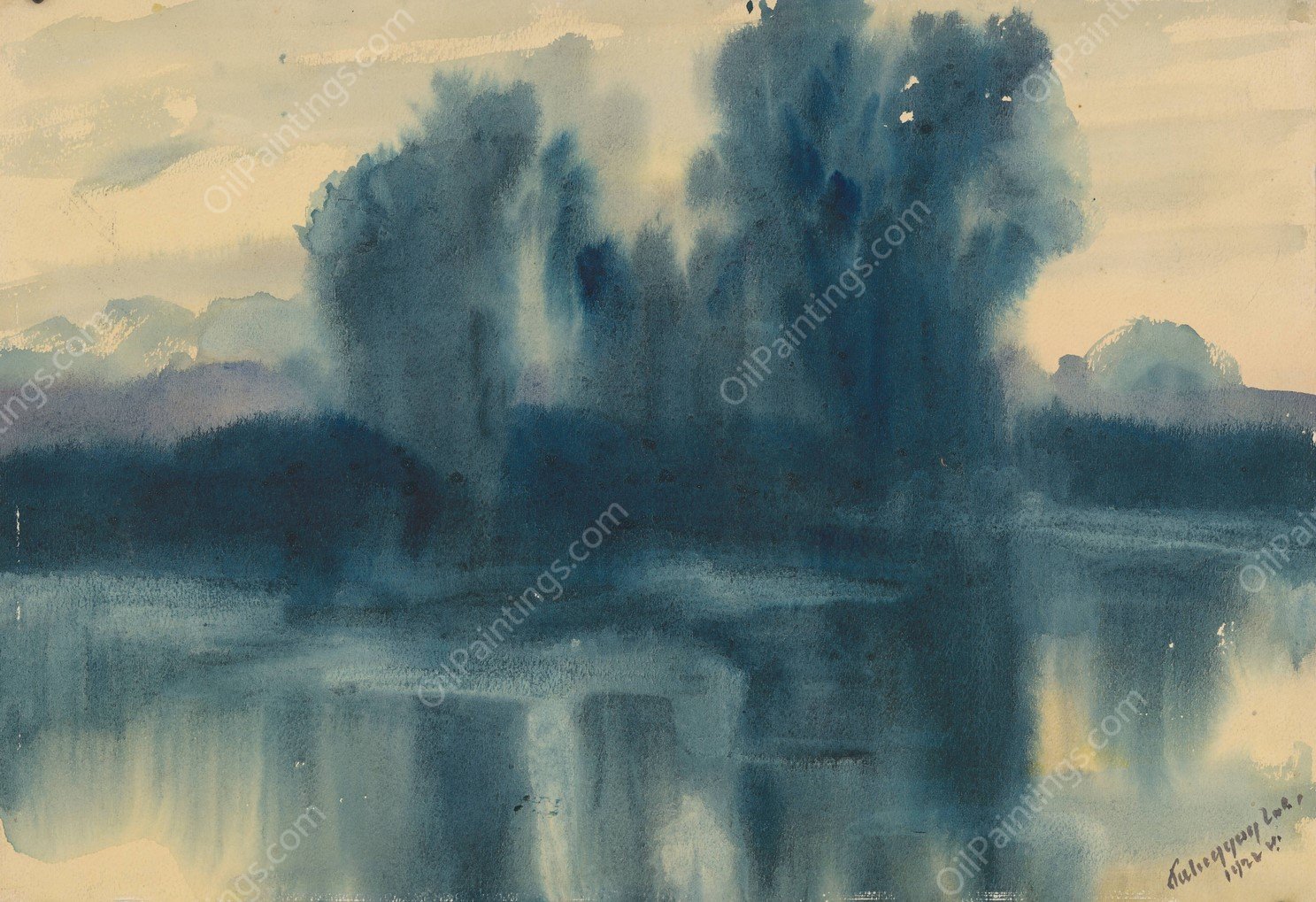 Blue Mood over a Lake  by Zolo Palugyay - Hand-Painted Oil Painting Reproduction