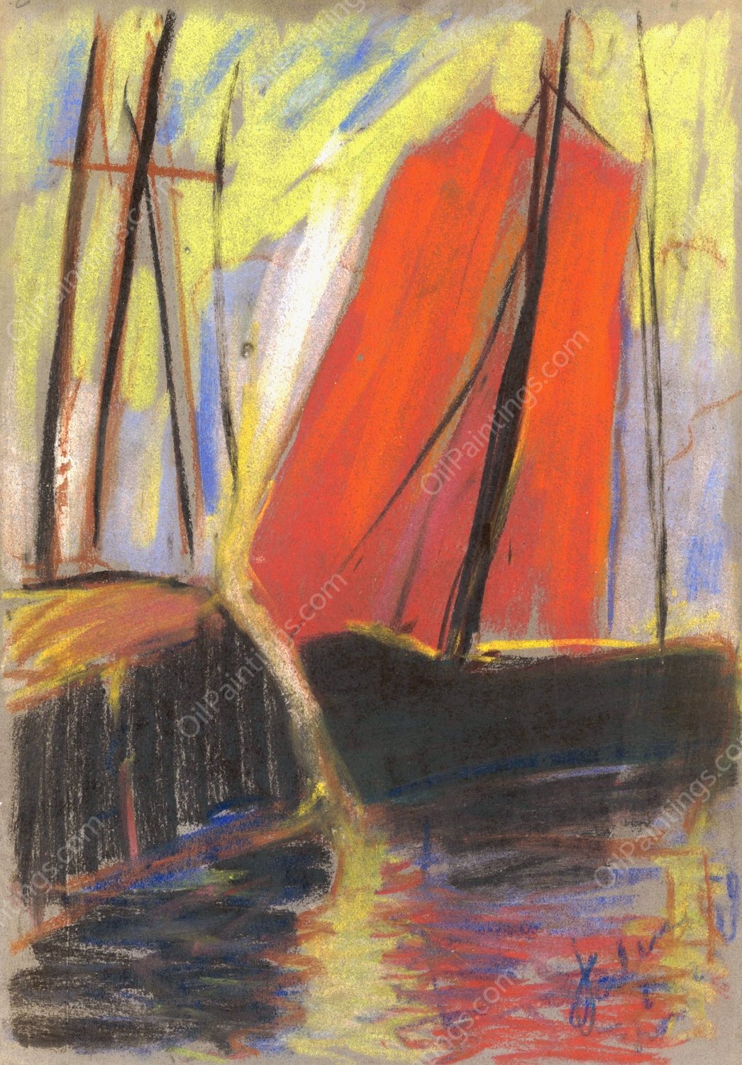 Red Yacht  by Zolo Palugyay - Hand-Painted Oil Painting Reproduction
