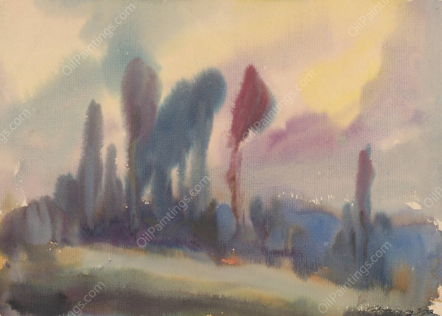 Tall Trees on the Edge of the Forest  by Zolo Palugyay - Hand-Painted Oil Painting Reproduction