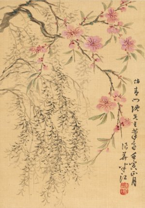 Peach Blossoms and Willows by Okada Hanko Oil Painting