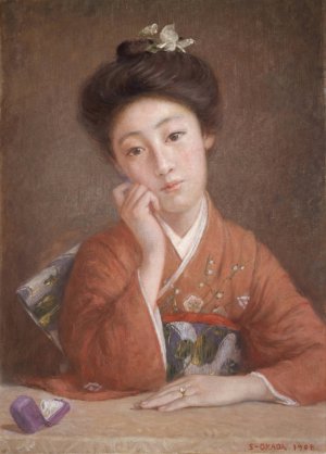 Woman Wearing a Diamond Ring by Okada Saburosuke Oil Painting
