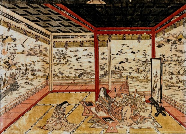 Main Product Photo of Lady Murasaki at Ishiyama Overlooking a Panorama with Eight Views of Lake Biwa  Painting by Okumura Masanobu