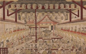 Perspective View of the Interior of the Nakamura Theater with Ichikawa Ebizo II as Yanone Goro by Okumura Masanobu Oil Painting
