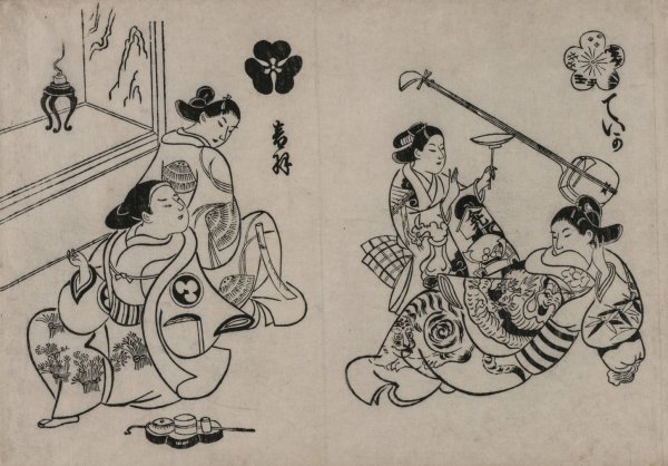Main Product Photo of Three Courtesans with a Client Painting by Okumura Masanobu