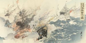 De Japanse marine verwoest Chinese slagschepen nabij Dagushan by Okura Koto Oil Painting