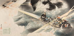 The First Blockade of the Entrance to the Harbor of Port Arthur on the Night of February 24, 1904 by Okura Koto Oil Painting