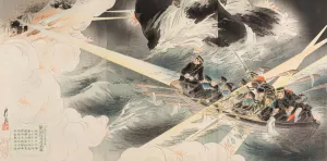 The First Blockade of the Entrance to the Harbor of Port Arthur on the Night of February 24, 1904 by Okura Koto Oil Painting