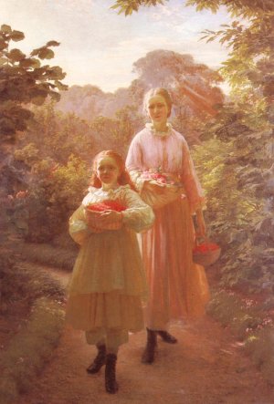 Sisters Gathering Raspberries And Roses, Summer Oil painting by Ole Henrik Olrik