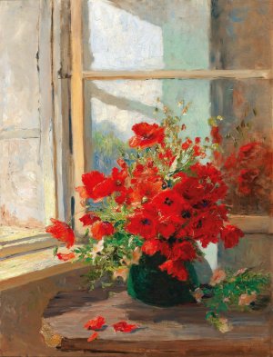 A bouquet of poppies by the window by Olga Wisinger-Florian Oil Painting