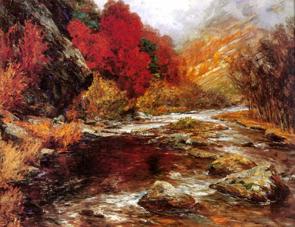 A River in an Autumnal Landscape by Olga Wisinger-Florian - Hand-Painted Oil Painting Reproduction