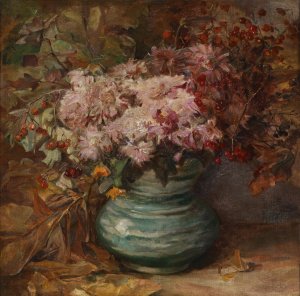 Blumenstraus mit Crysanthemen und Ringelblumen by Olga Wisinger-Florian Oil Painting
