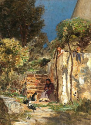 Kittens playing in a southern landscape Oil painting by Olga Wisinger-Florian