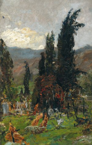 View of a cemetery at dusk by Olga Wisinger-Florian Oil Painting