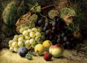 Grapes, Apples, a Plum, a Peach and a Strawberry, on a Mossy Bank by Oliver Clare - Oil Painting Reproduction