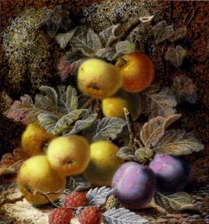 Still Life with Apples, Plums and Raspberries on a Mossy Bank by Oliver Clare Oil Painting