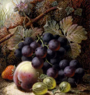 Still Life with Black Grapes, a Strawberry, a Peach and Gooseberries on a Mossy Bank by Oliver Clare Oil Painting