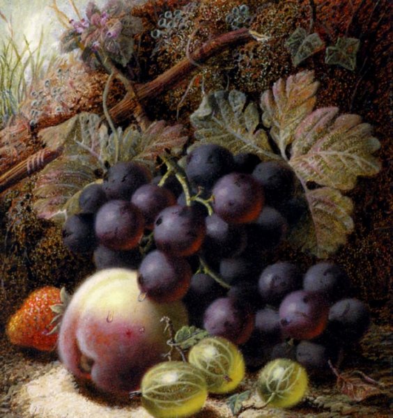 Still Life with Black Grapes, a Strawberry, a Peach and Gooseberries on a Mossy Bank