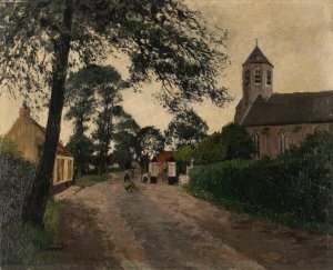Village street with church by Olof August Andreas Jernberg Oil Painting