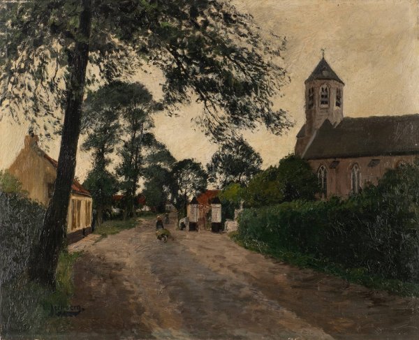 Village street with church by Olof August Andreas Jernberg - Hand-Painted Oil Painting Reproduction