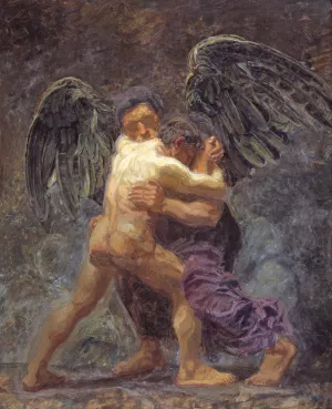 Jacob Wrestling with the Angel by Oluf Hartmann Oil Painting