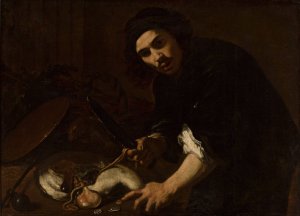 Man gutting a fish by Orazio Fidani Oil Painting