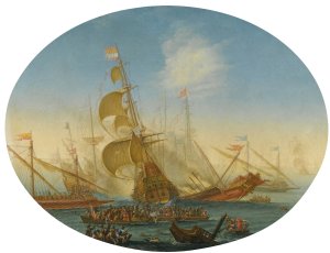 A Naval Battle Between Turks And Christians by Orazio Grevenbroeck Oil Painting