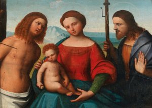 The Madonna and Child with Saints Sebastian and James the Greater by Ortolano Oil Painting