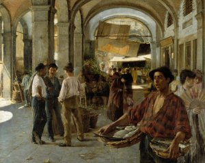 A Venetian Covered Market by Oscar Bjorck Oil Painting