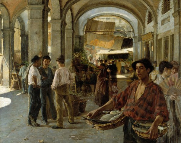 A Venetian Covered Market  by Oscar Bjorck - Hand-Painted Oil Painting Reproduction