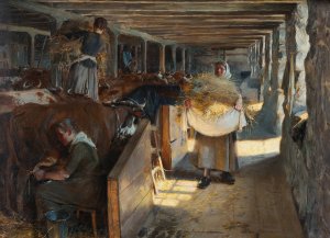 Feeding Time in a Cow-Shed by Oscar Bjorck Oil Painting