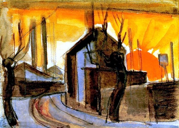 Main Product Photo of Railroad Station, Silver Lake, New Jersey Painting by Oscar Bluemner
