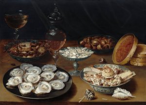 Dishes with Oysters,Fruit and Wine by Osias Beert The Elder Oil Painting