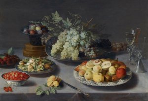 Still Life Of Grapes And Other Fruits With A Knife, Facon De Venise Wineglasses And Other Objects On A Draped Table by Osias Beert The Elder Oil Painting