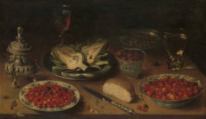 Still Life with Artichoke, Fruit in Kraak Porcelain Ware and a Salt Cellar and Pepper Castor by Osias Beert The Elder Oil Painting