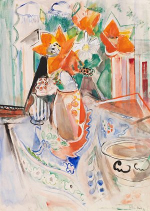 Blumenstillleben mit Schussel und gestreiftem Krug by Oskar Moll Oil Painting
