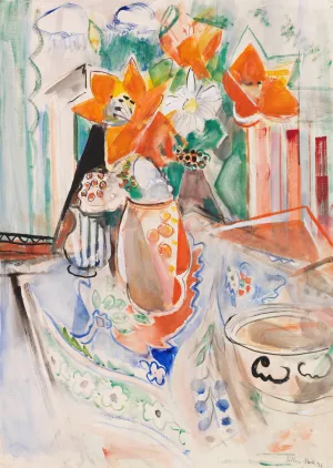Blumenstillleben mit Schussel und gestreiftem Krug by Oskar Moll Oil Painting