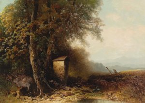 A Landscape in Autumn with Wayside Shrine by Oskar Mulley Oil Painting