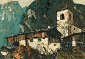 Mountain church and farm by Oskar Mulley Oil Painting