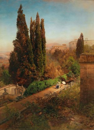 A view of the garden of Villa d'Este in Tivoli, near Rome by Oswald Achenbach Oil Painting