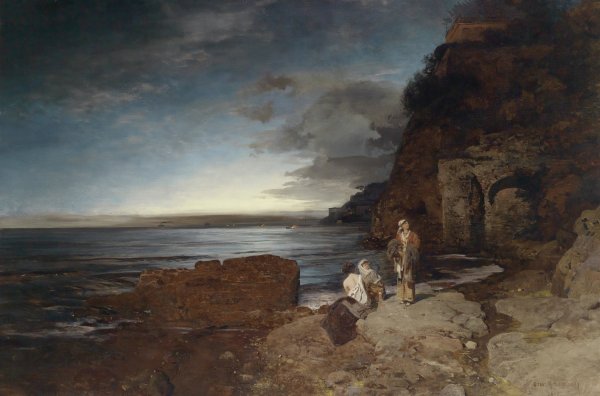 Abend an der Kuste  by Oswald Achenbach - Hand-Painted Oil Painting Reproduction