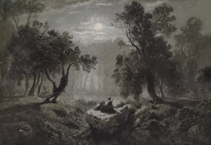 Eine romantische Waldlandschaft im Mondlicht Oil painting by Oswald Achenbach