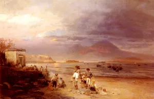 Fishermen with the Bay of Naples and Vesuvius Beyond by Oswald Achenbach - Oil Painting Reproduction